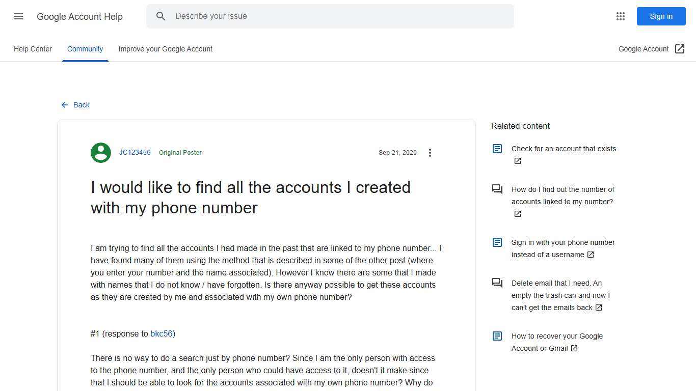 I would like to find all the accounts I created with my phone number - Google Account Community